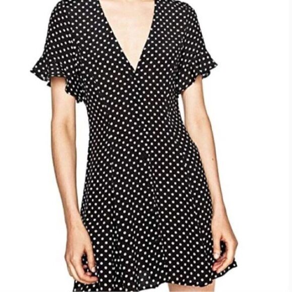 Zara Polka Dot Mini Black Summer Fit Flare Whimsy Goth Flowy Milkmaid Dress - Picture 13 of 15